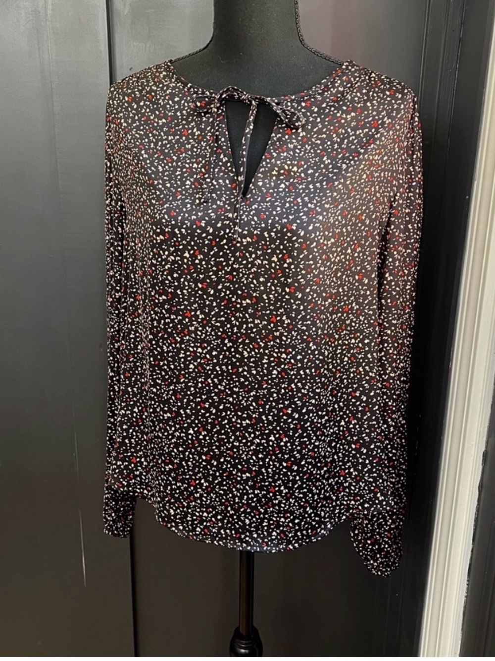 Banana Republic Black Floral Tie-Neck Blouse with Red and White Ditsy Print